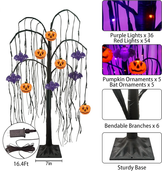 LED Halloween Spooky Willow Tree 32 Inch Programable Lights Pumpkin & Bat Covers