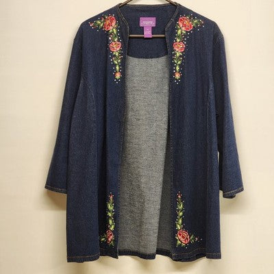 Suzanne Somers Collection Blue Jean Jacket Size 1X Embroidered Floral Rhinestone