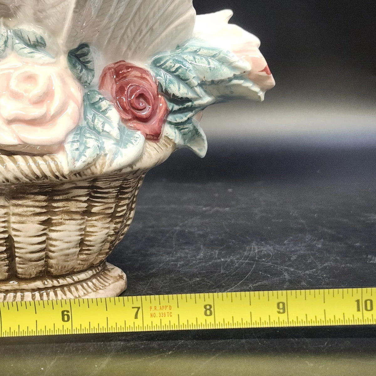 Ceramic Dove Teapot Vase Roses Woven Basket Heart NO LID 9.25" Taiwan Vintage