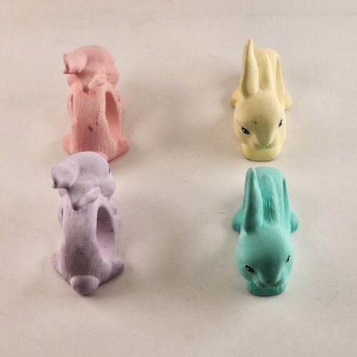 4 Bunny Pottery Napkin Rings Easter Decorations Pastel Pink Purple Yellow Blue