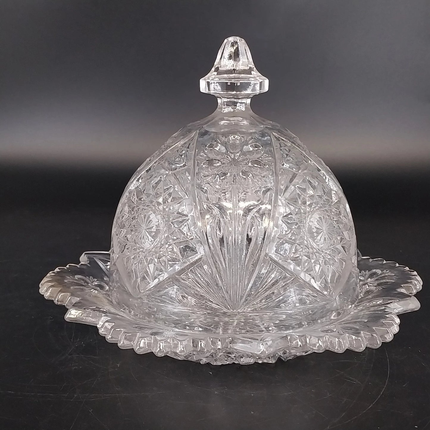 Imperial Glass Hobstar Covered Butter Dish Cheese Dome Clear Glass Sawtooth Vtg