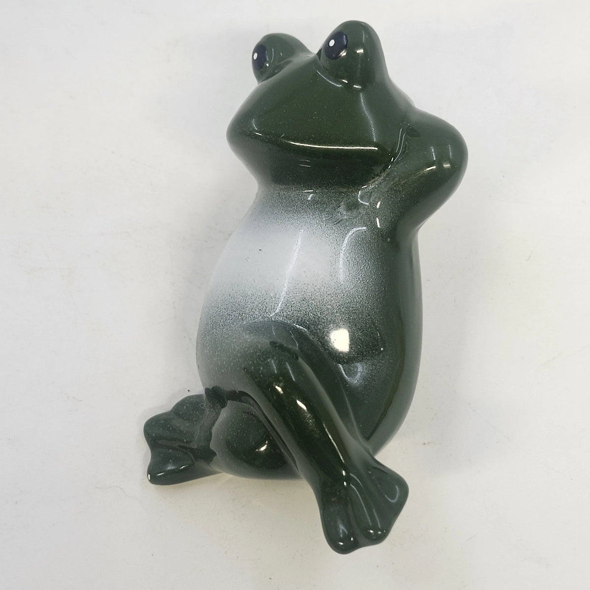 Green Frog Figurine Reclining Lounging Pose White Belly 4" Glossy Ceramic Decor