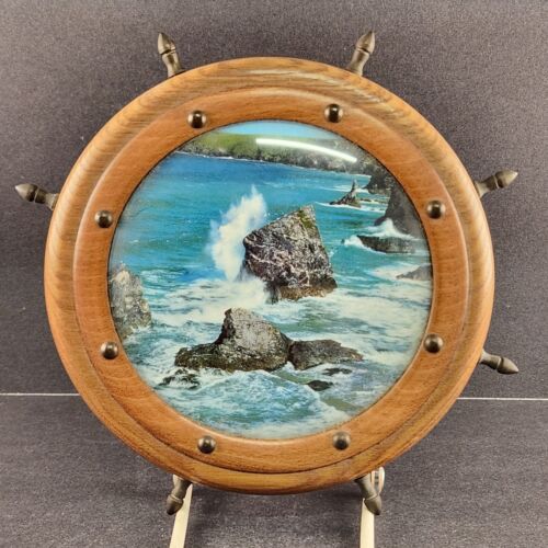 Image of the Sea in Vintage Convex Glass Nautical Wall Hanging Ships Wheel 8"