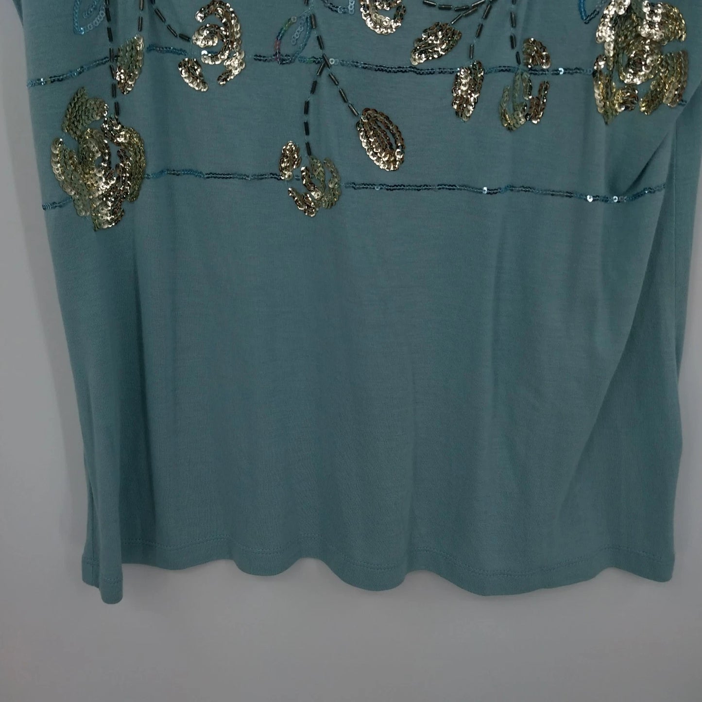 Apt. 9 Teal Gold Sequin Floral Embellished Top Women's Large Short Sleeve Blouse