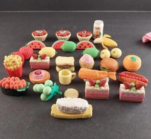 60 plus mixed novelty erasers with food animal school designs
