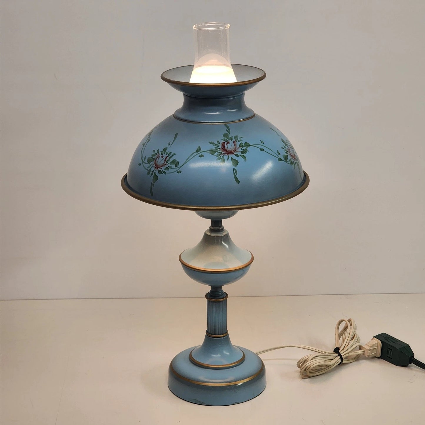 Metal Toleware Hurricane Lamp Glass Chimney MCM Desk Table Blue 18" Vintage