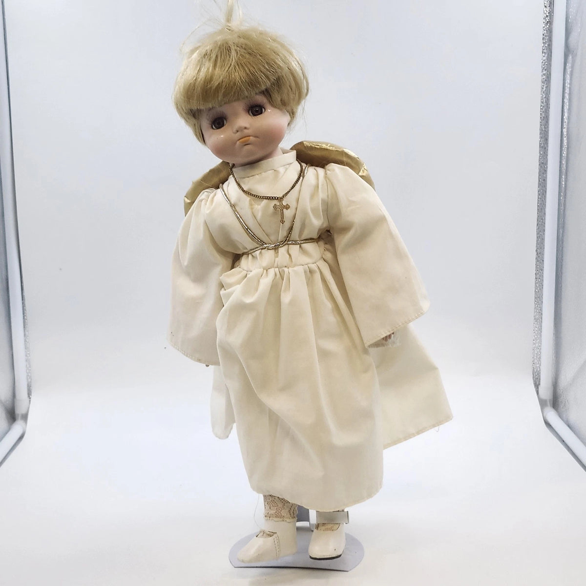 Porcelain Angel Doll Blonde White Robe Gold Wings Cross Stand 17" China Vintage