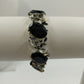 Silver Tone Bracelet Black Enameled Leaf & Faceted Glass Oval Beads