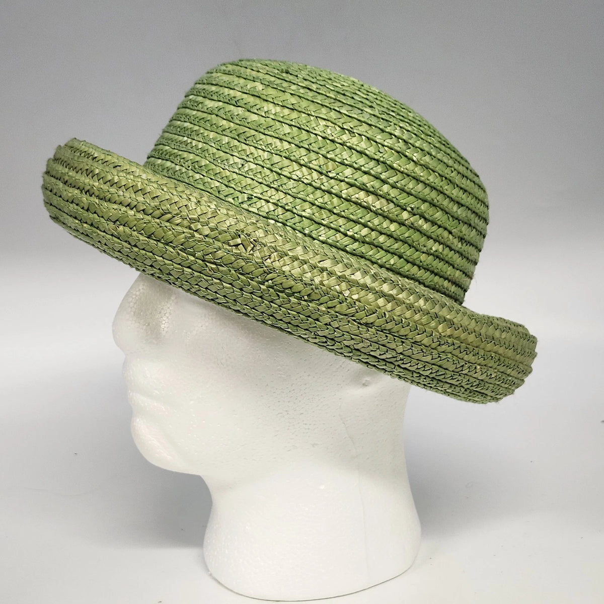 Green Natural Straw Sun Hat Women Rolled Brim Braided Round Crown Summer Garden