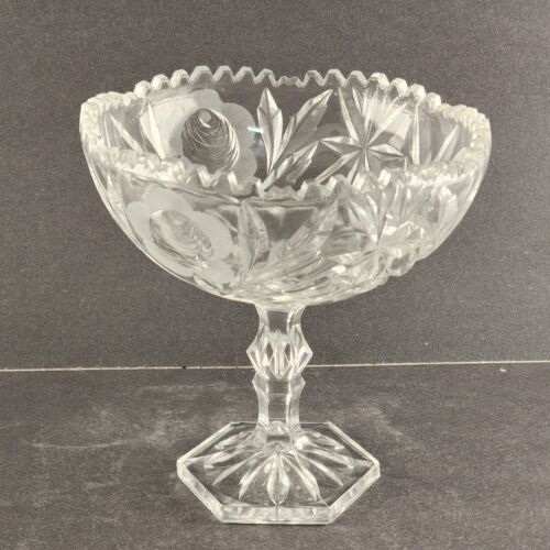 Crystal Cut Glass Pedestal Compote Rose Pattern Scalloped 6 Side Base 6.5" EUC