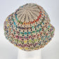 Hand Knitted Tan Beret Hat Rainbow Accent Slouchy Cap