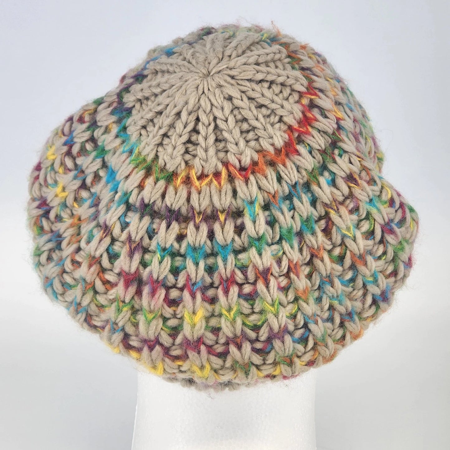 Hand Knitted Tan Beret Hat Rainbow Accent Slouchy Cap