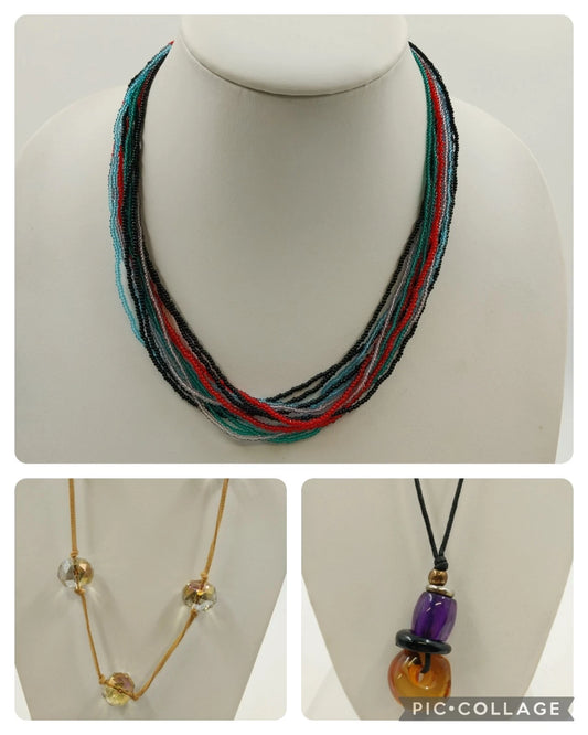 3 Beaded Necklaces Multicolor Seed Bead Suede Cord Amber Pendant