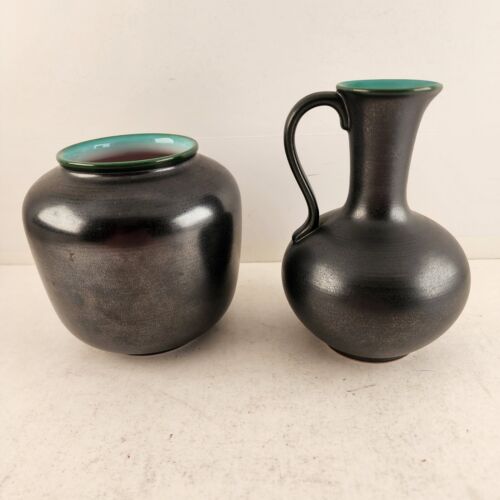Wächtersbach Black Pottery Metallic Shine Glaze Shield Mark 10095 Pitcher & Vase