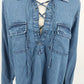 Earl Jean Chambray Tunic Blouse L Blue Cotton Lace-Up Grommet Ties Pockets
