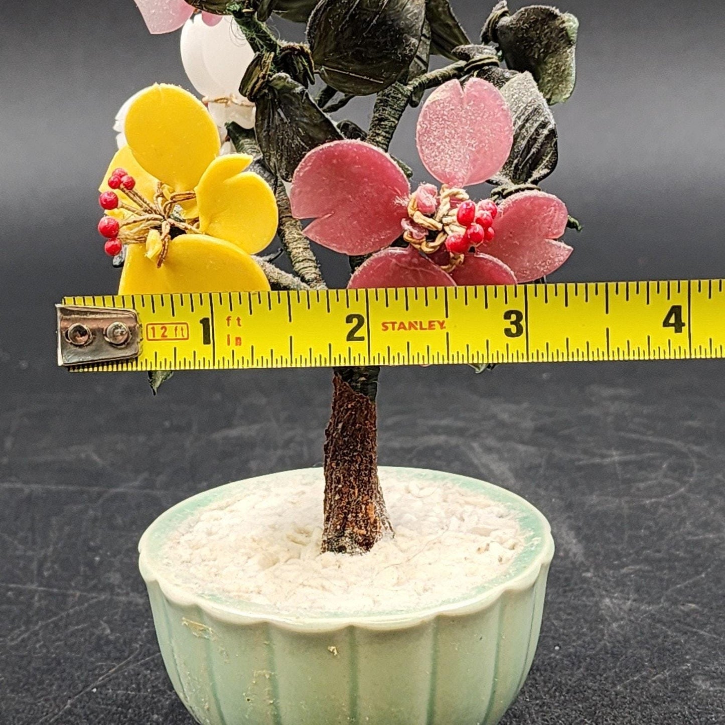 Glass Jade Stone Asian Bonsai Tree Celadon Pot Pink Yellow Floral 6.5"