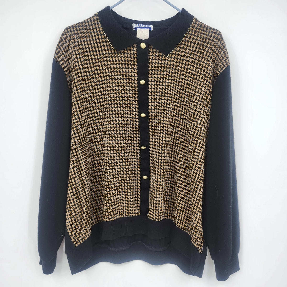 Cape Cod Sportswear Houndstooth Polo Sweater Navy Brown Gold Buttons Collared