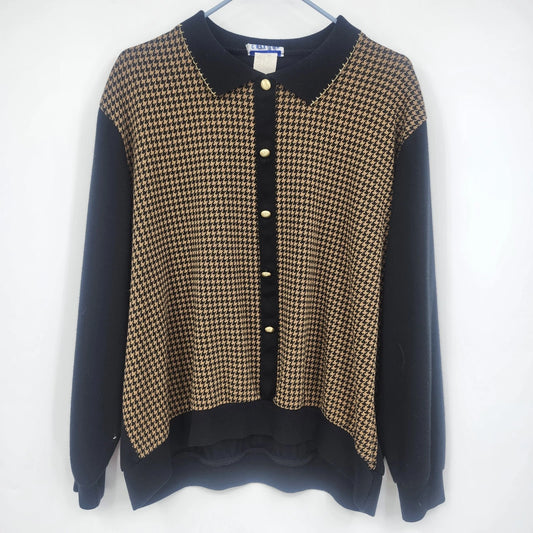 Cape Cod Sportswear Houndstooth Polo Sweater Navy Brown Gold Buttons Collared