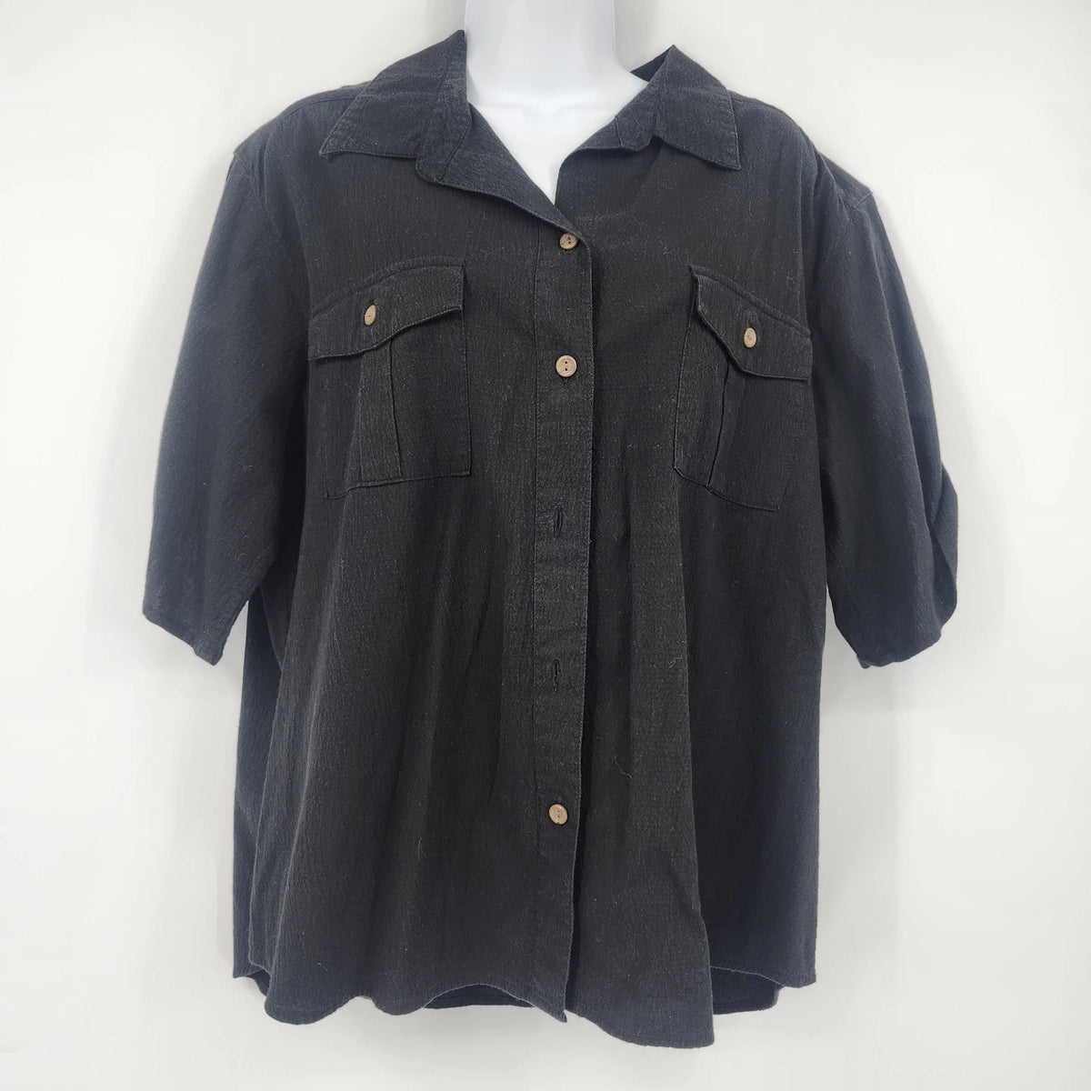 White Stag Women XL 16-18 Black Cotton Stretch Button Front Roll Tab Sleeve Top