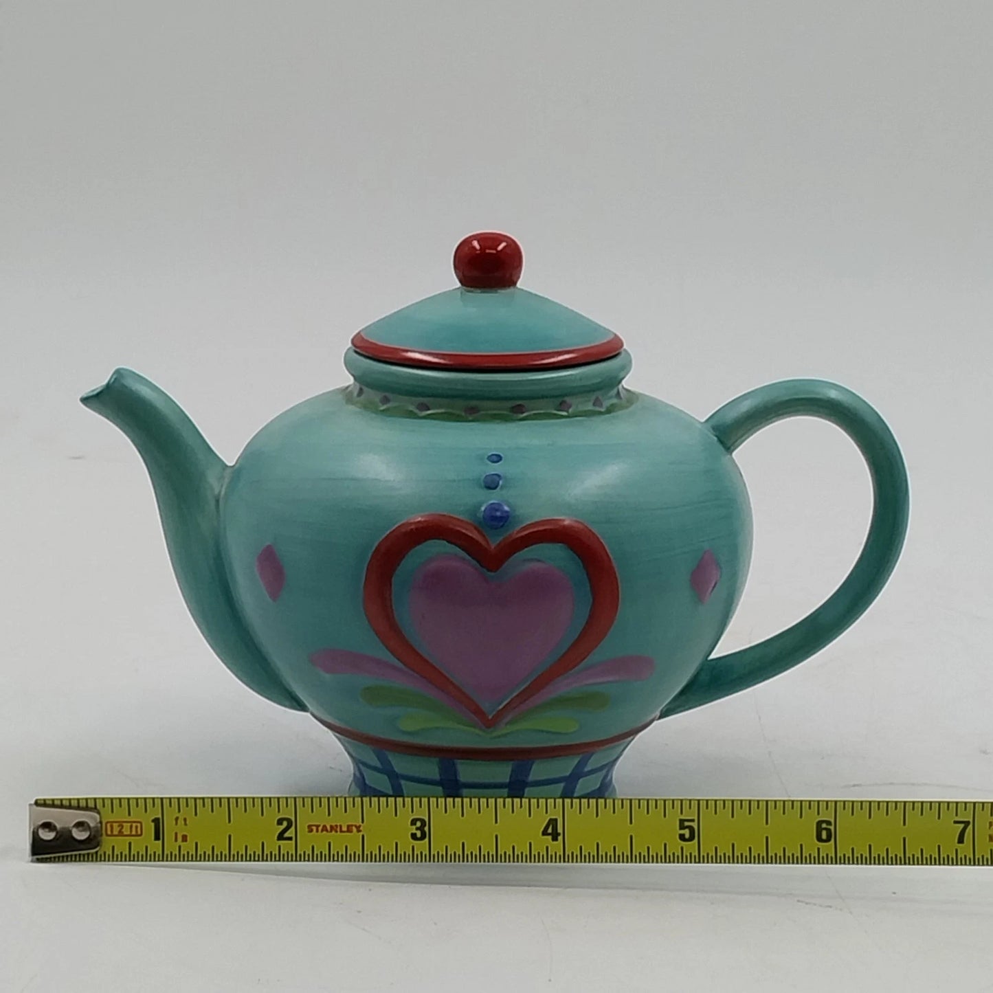 Jim Shore Teapot Candle Enesco Heartwood Creek Blue w Red Heart Ceramic Chip Lid