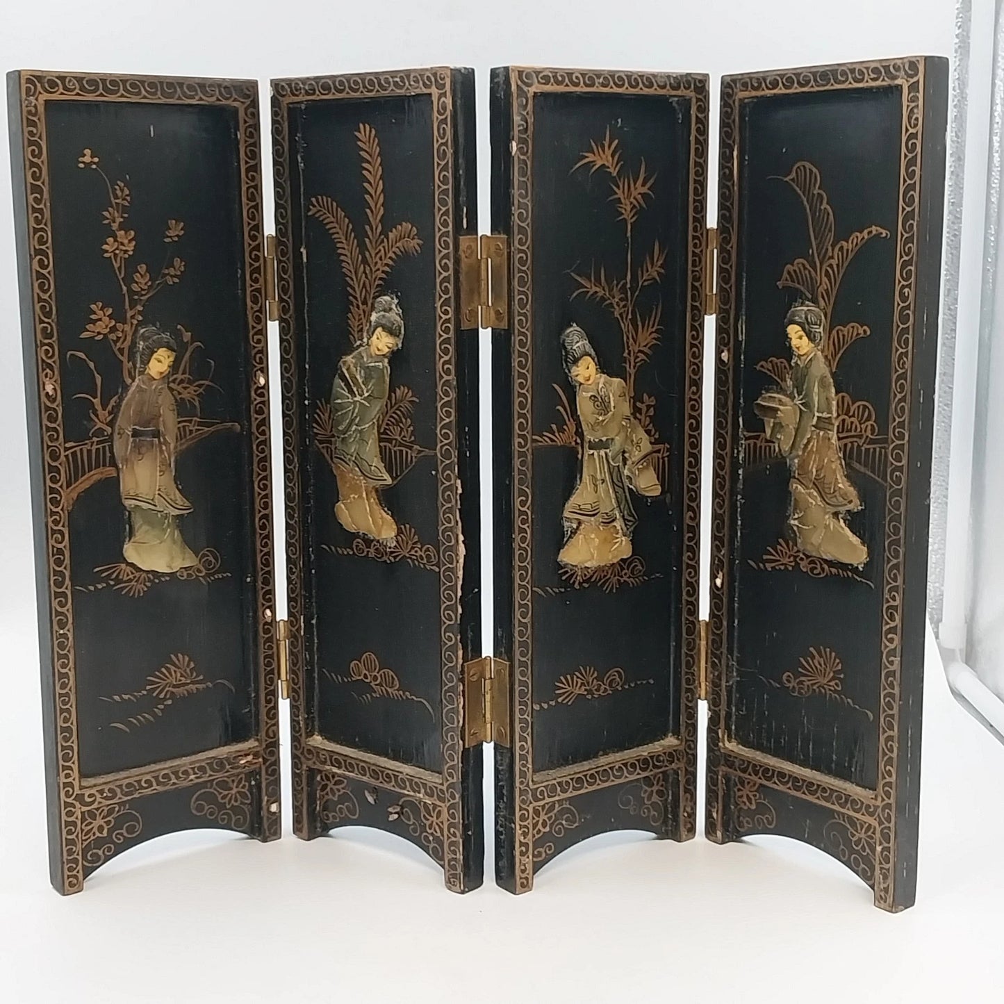 Macau Black Lacquer Soapstone 4-Panel Asian Tabletop Folding Screen 18" x 14"