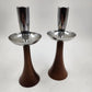 2 MCM Candle Holder Sticks Teak Wood Chrome Uppers 8.5" Danish Modern Vtg AS IS