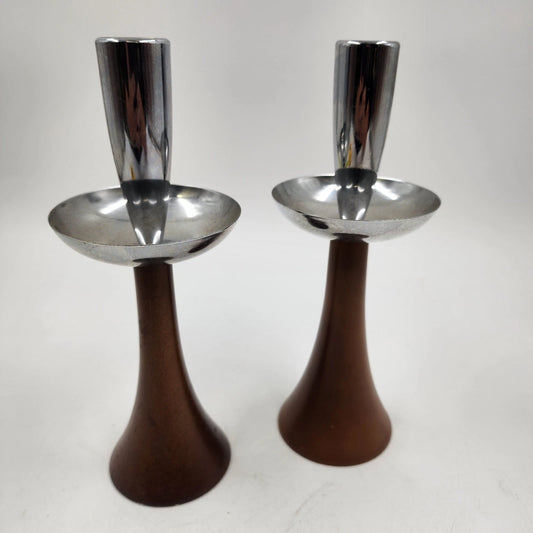 2 MCM Candle Holder Sticks Teak Wood Chrome Uppers 8.5" Danish Modern Vtg AS IS