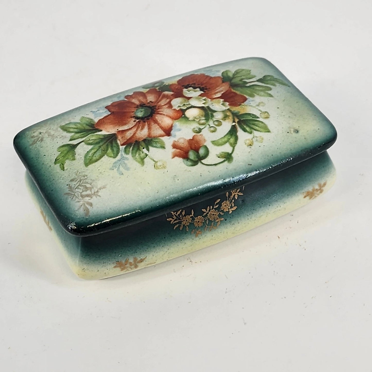 Antique Austrian Porcelain Dresser Vanity Set 5pc Green Lustre Orange Floral Vtg