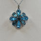 Blue Teal Rhinestone Flower Pendant Necklace Silver Tone Teardrop Stones 15"