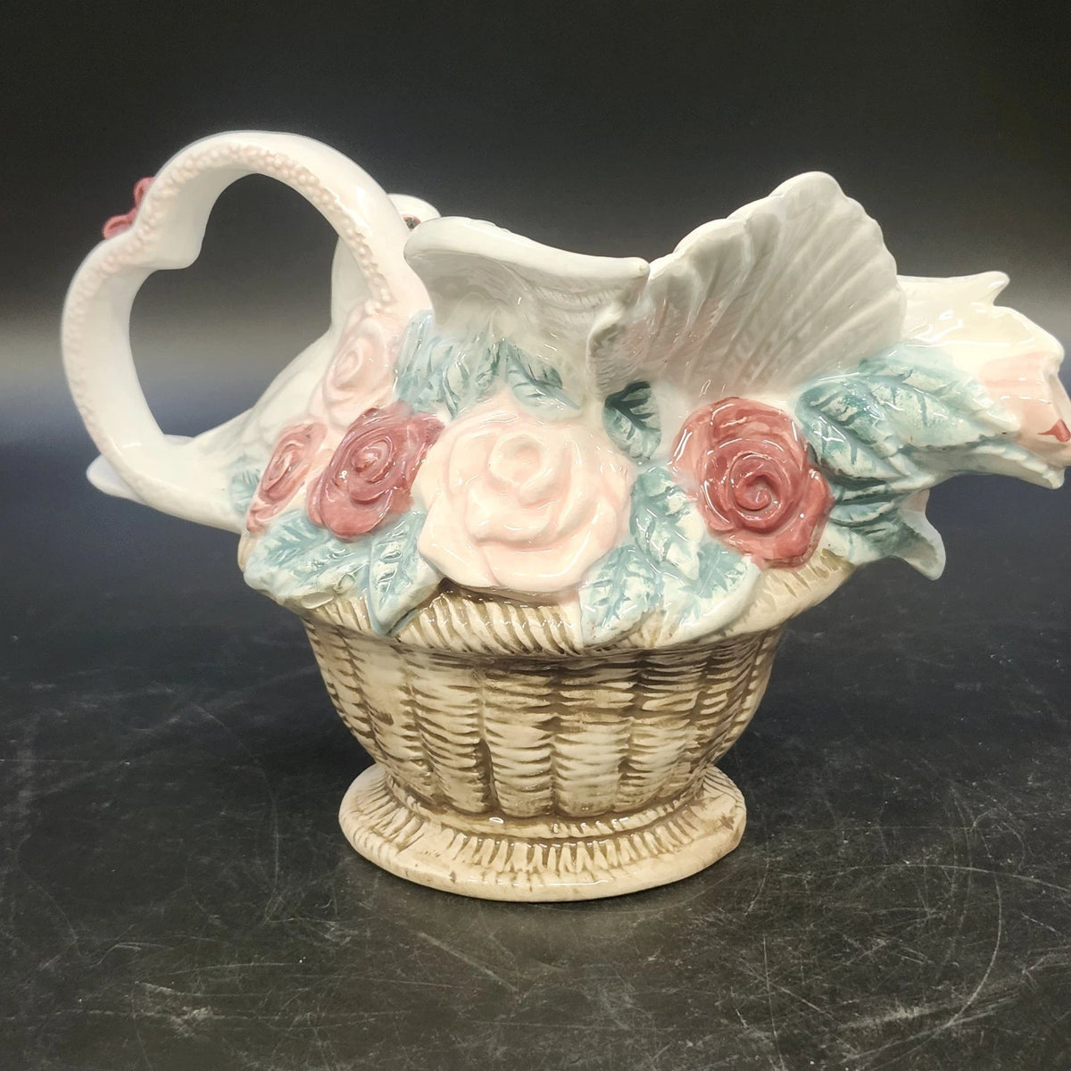 Ceramic Dove Teapot Vase Roses Woven Basket Heart NO LID 9.25" Taiwan Vintage