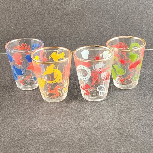 4 pc Lucky Shot Glasses Shamrock Cats Elephants Vintage Glass France Gold Gilt