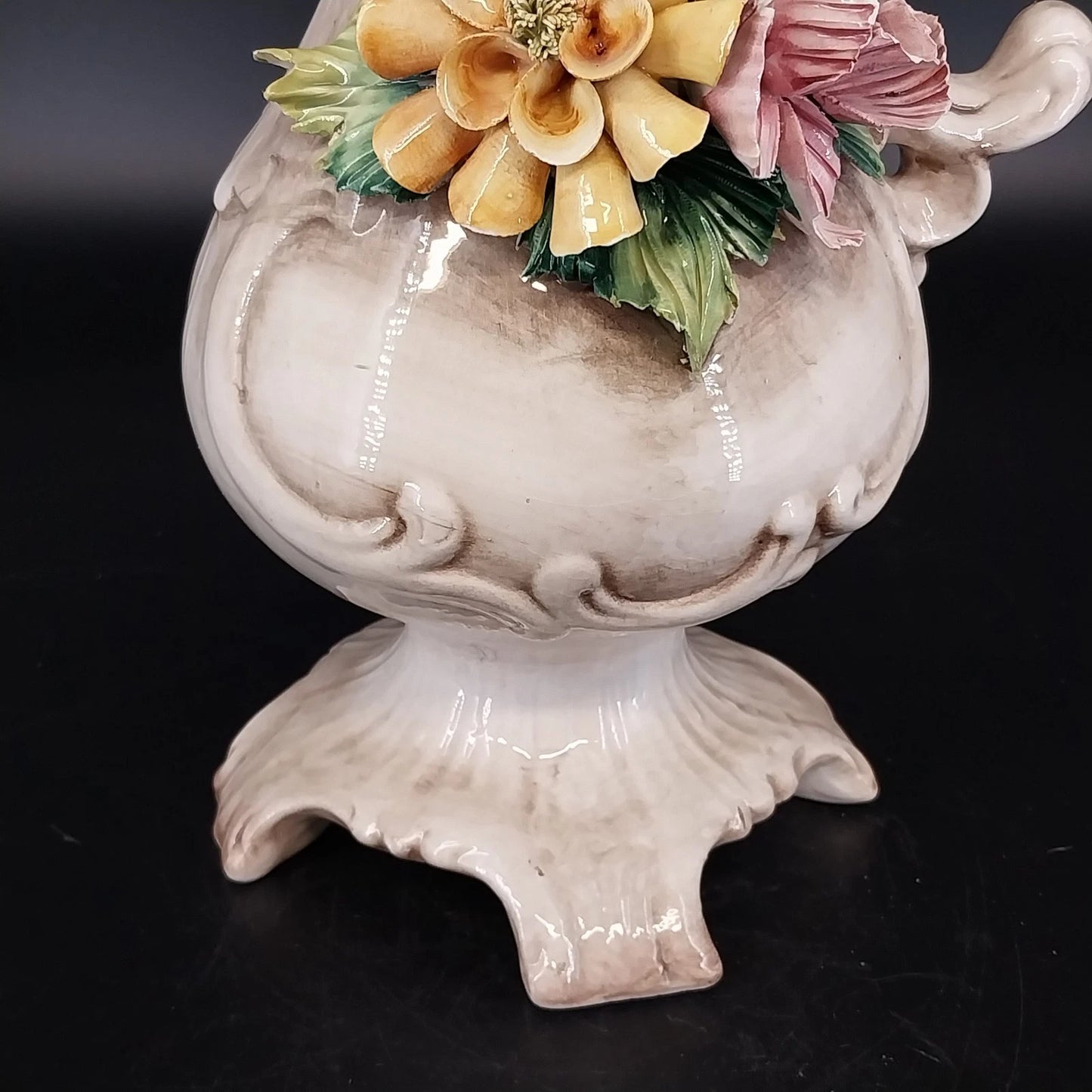 Vintage Capodimonte Italy Floral Porcelain Pitcher Vase Urn 13 Inch