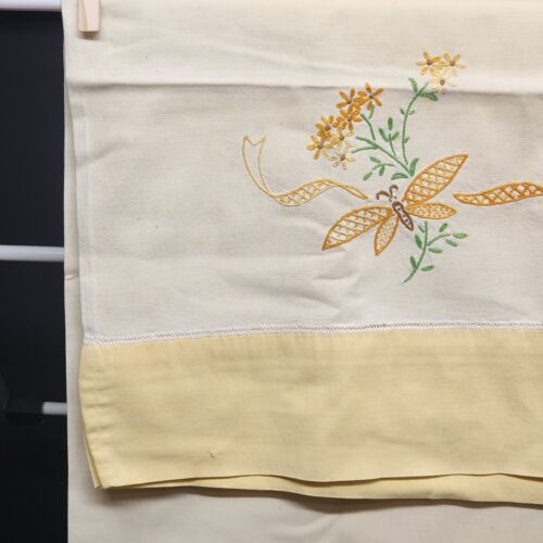 Single Linen Pillow Case White Yellow Floral and Butterfly Design Vintage