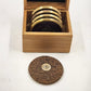 5 Solid Brass and Leather Coasters 4" with Wood Box Esther Price Candies Corp