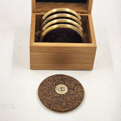 5 Solid Brass and Leather Coasters 4" with Wood Box Esther Price Candies Corp