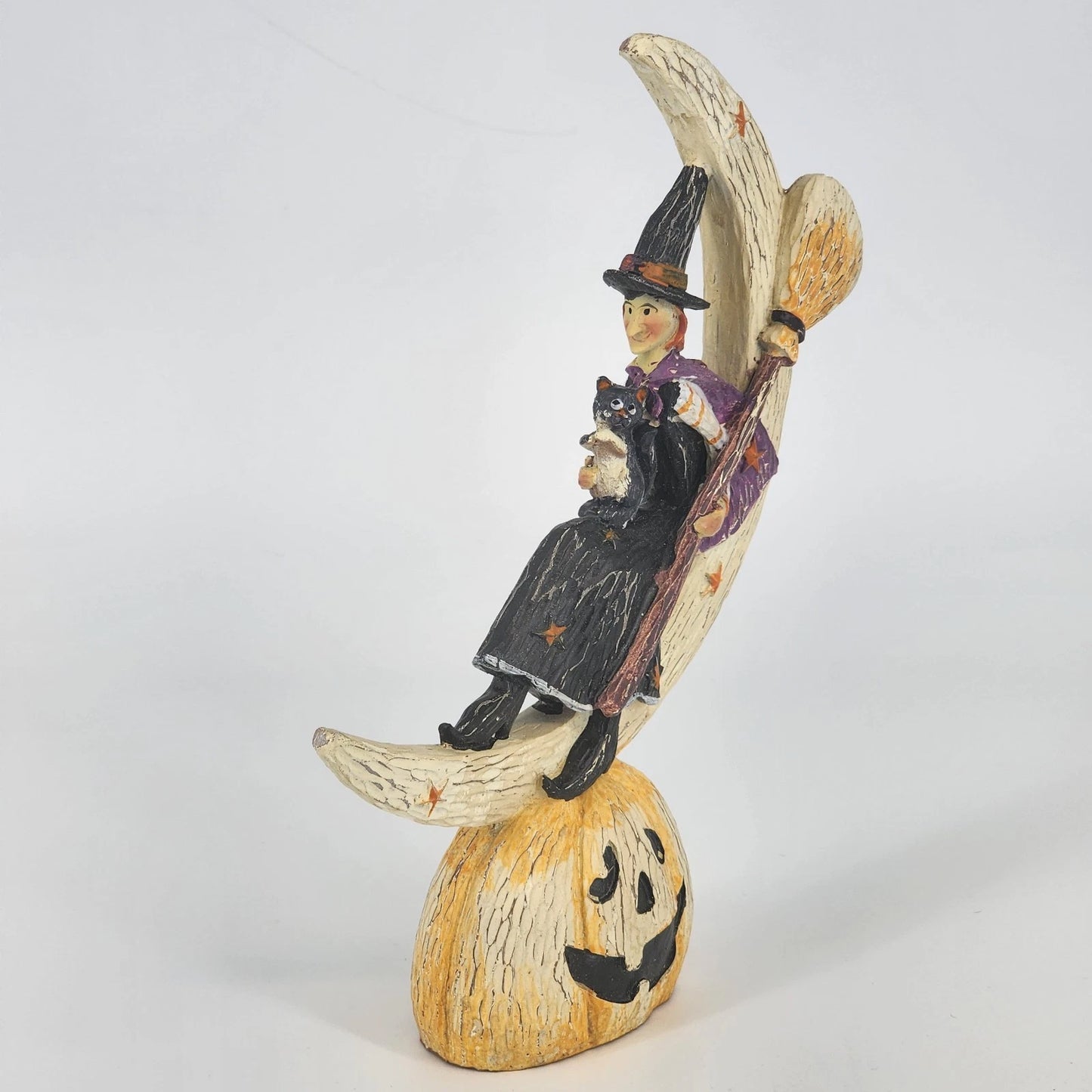 Halloween Witch w Broom & Cat on Crescent Moon Resin Figurine Jack O’ Lantern 9"