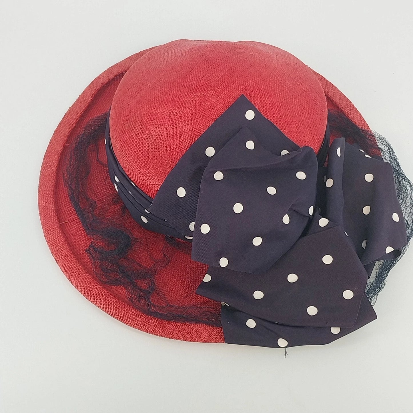 Women's Red Derby Dress Hat Wide Brim Polka Dot Bow Mesh Trim Vintage 11"