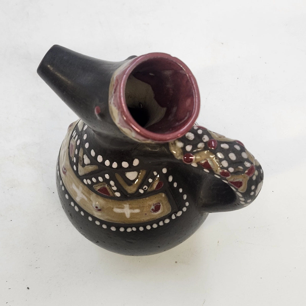 Ukrainian Art Pottery Pitcher Black Red Tan Raised Geometric Elongated Spout Vtg