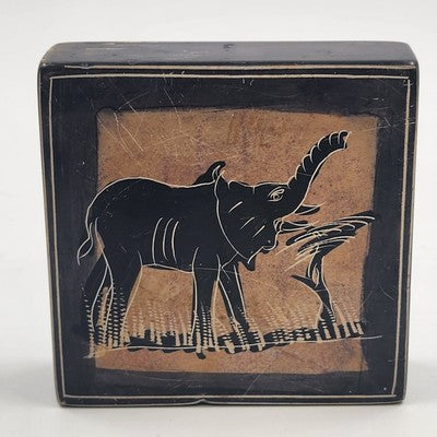 Hand Painted Solid Stone Tile 4"x4"x1" Giraffe & Elephant on Each Side