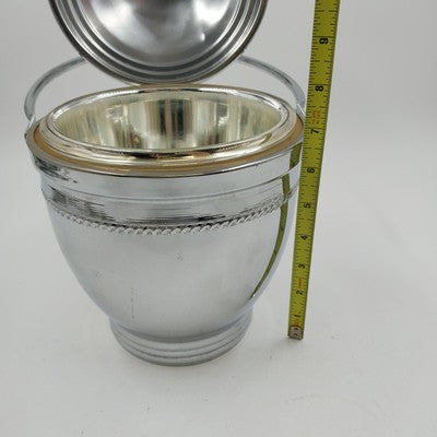 Silver Chromium Solid Brass Ice Bucket Cooler Hinged Lid Arm & Glass 13" 1950's