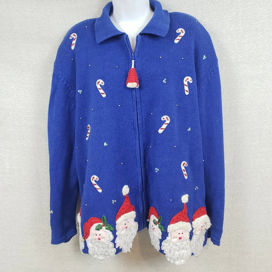 Heirloom Cardigan Sweater Christmas Collectibles 1XL Blue Santa Candy Cane 2004