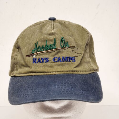 Hooked On Rays Fishing Camps Cap Green Blue Brim Hat Snapback Size Adjustment