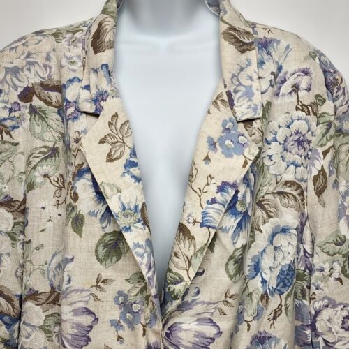 Women's Jacket 1980's Block Pocket Linen Floral Blues Purple Size 22/24 3XL