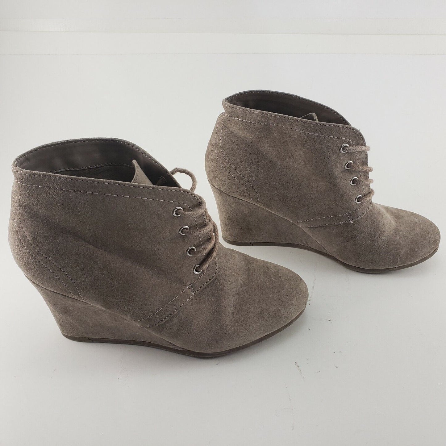 Taupe Suede Ankle Boot Women's Wedge Heel Round Toe Lace Up Booties Size 6