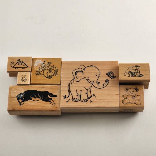 7 Wooden Mounted Rubber Stamps Bear Cat Elephant & Mouse Themed Vintage