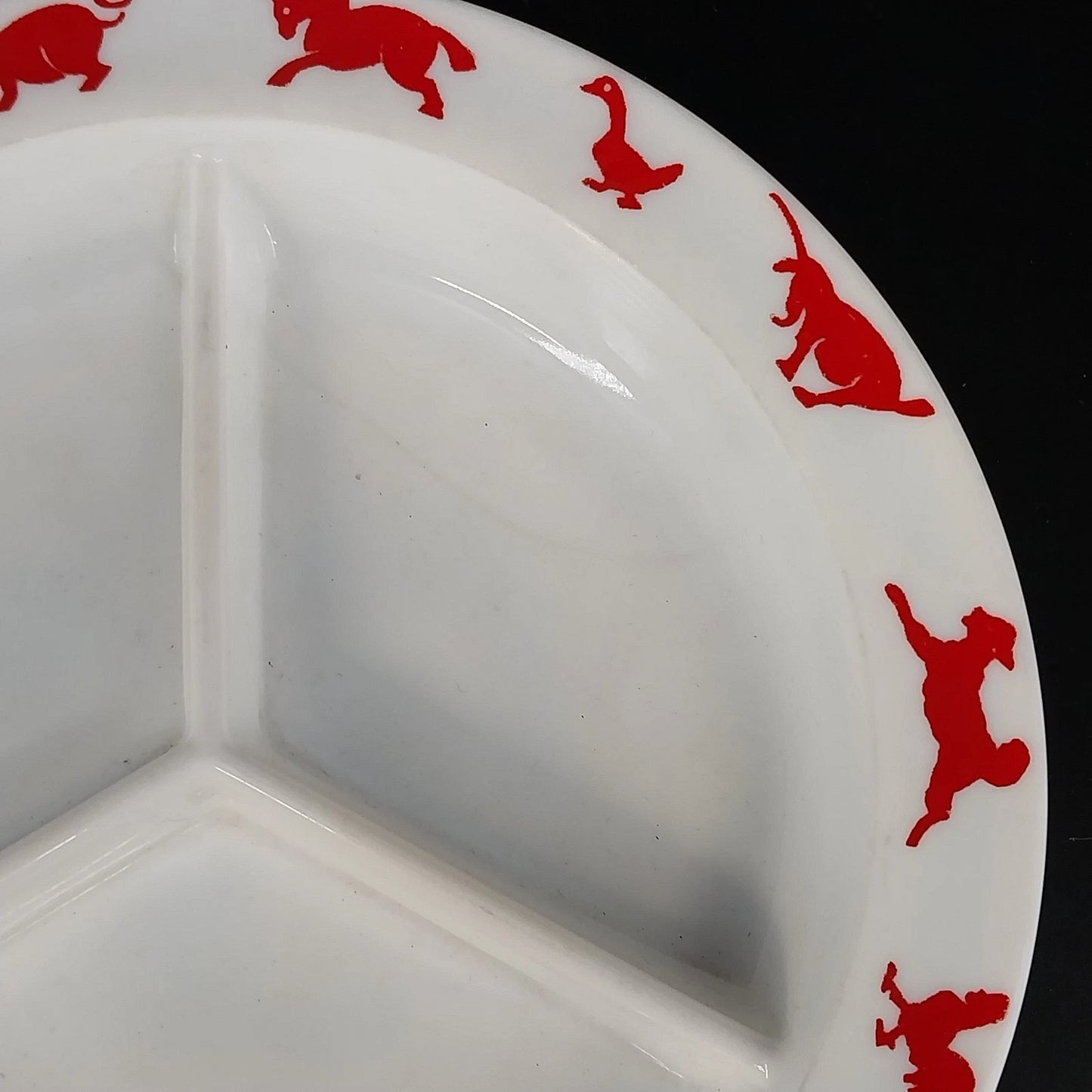 Hazel Atlas Milk Glass Child's Divided Bowl Dish Red Animal Border USA Vintage