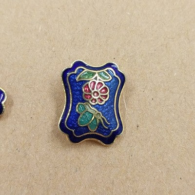 Set of 2 Gold Tone Cloisonné Stud Earrings Blue Floral & Butterfly