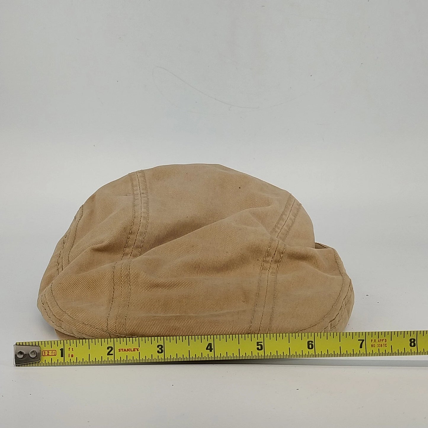 George Tan Canvas Newsboy Cap Flat Driving Hat Multi Panel Mens Small Spot Vtg