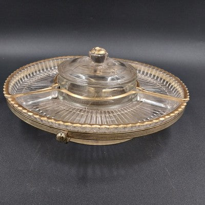 Faber Bros Lazy Susan Appetizer Tray Gold & Clear Glass 4-Part w Lid 10.5" Vtg