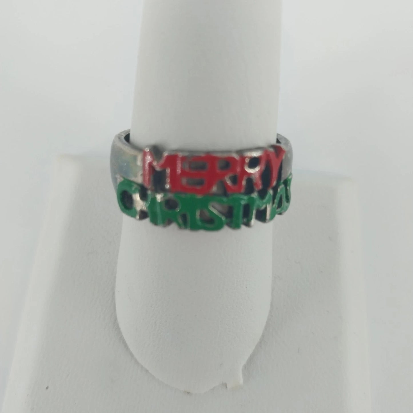 Merry Christmas Enamel Ring Red Green Silver Tone Band Size 9 Vintage Holiday